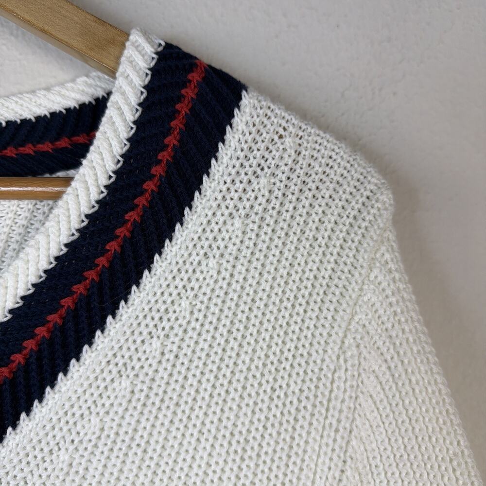 CABI Womens large White V Neck fisherman patriotic preppy sweater style #5639 - Picture 4 of 9